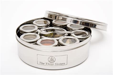 the three sisters stainless steel masala dabba spice box|three sisters masala spice box.